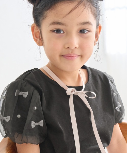 ROPE' PICNIC（ロペピクニック）の「【KIDS】リボンスリーブトップス（Tシャツ/カットソー・キッズ・ブラック/オフホワイト/サックスブルー・S/M/L）」の9枚目の写真