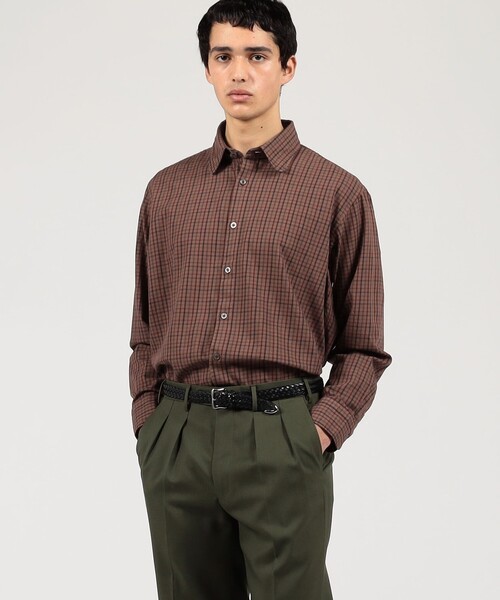 【未使用】Errico Formicola　長袖　チェックシャツ　M　ブラウン ERRICO FORMICOLA コットン ラウンドカラー チェックシャツ
