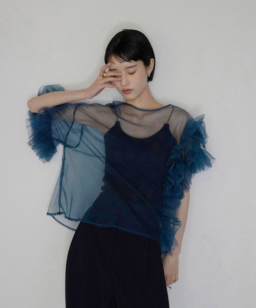 セール】【MINERTE】【オケージョン】 asymmetry ruffled tulle blouse
