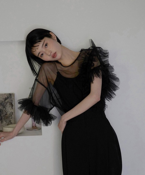 セール】【MINERTE】【オケージョン】 asymmetry ruffled tulle blouse