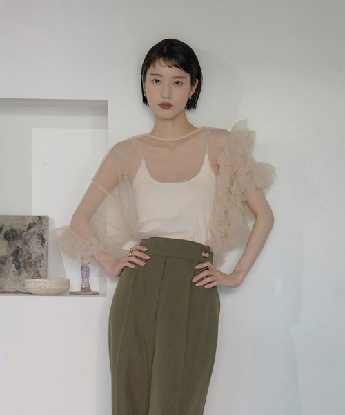 MINERTE】【オケージョン】 asymmetry ruffled tulle blouse