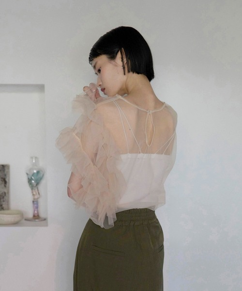 セール】【MINERTE】【オケージョン】 asymmetry ruffled tulle blouse