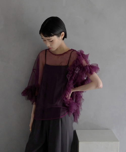 セール】【MINERTE】【オケージョン】 asymmetry ruffled tulle blouse
