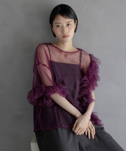 セール】【MINERTE】【オケージョン】 asymmetry ruffled tulle blouse