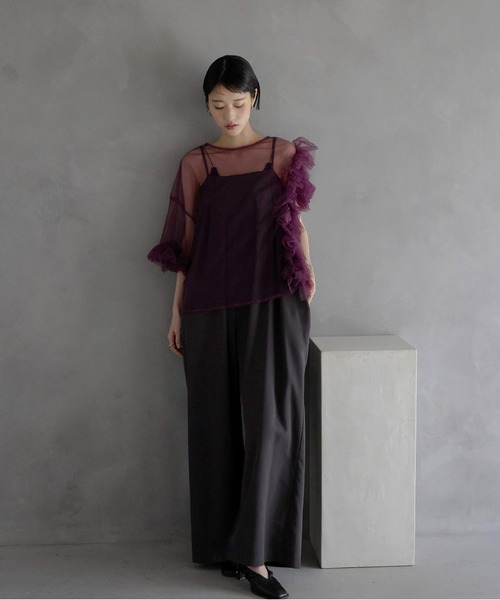 セール】【MINERTE】【オケージョン】 asymmetry ruffled tulle blouse