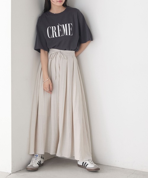 forksy.】ウエストリボン リネンタッチ フレアロングスカート