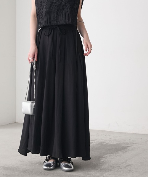forksy.】ウエストリボン リネンタッチ フレアロングスカート