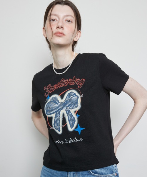 LARTIGENT(ラーティゼン)の「L3 RIBBON T-SHIRT(Tシャツ/カットソー・レディース・クリーム/ブラック・FREE)」の1枚目の写真