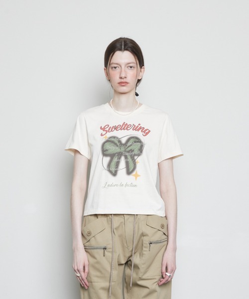 LARTIGENT(ラーティゼン)の「L3 RIBBON T-SHIRT(Tシャツ/カットソー・レディース・クリーム/ブラック・FREE)」の8枚目の写真