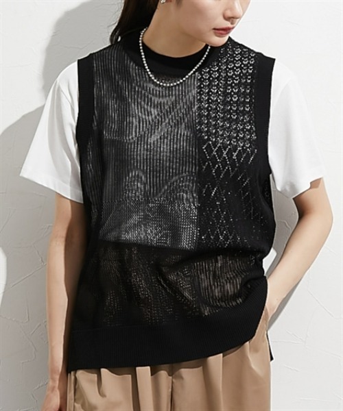 nissen（ニッセン）の「２点セット（透かし編みベスト＋半袖Ｔシャツ）（アンサンブル・レディース・サックスブルー/ブラック/ベージュ・M/L/LL）」の2枚目の写真