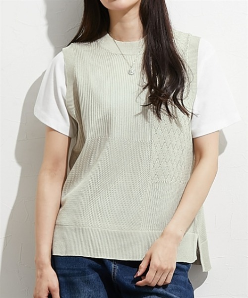 nissen（ニッセン）の「２点セット（透かし編みベスト＋半袖Ｔシャツ）（アンサンブル・レディース・サックスブルー/ブラック/ベージュ・M/L/LL）」の5枚目の写真