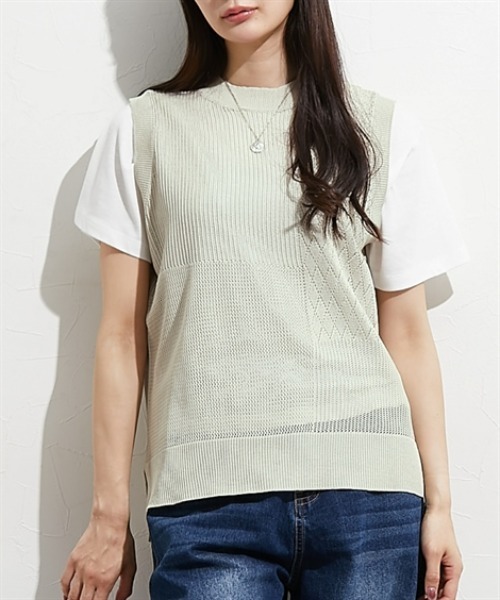 nissen（ニッセン）の「２点セット（透かし編みベスト＋半袖Ｔシャツ）（アンサンブル・レディース・サックスブルー/ブラック/ベージュ・M/L/LL）」の6枚目の写真