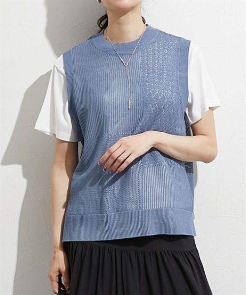 nissen（ニッセン）の「２点セット（透かし編みベスト＋半袖Ｔシャツ）（アンサンブル・レディース・サックスブルー/ブラック/ベージュ・M/L/LL）」の9枚目の写真