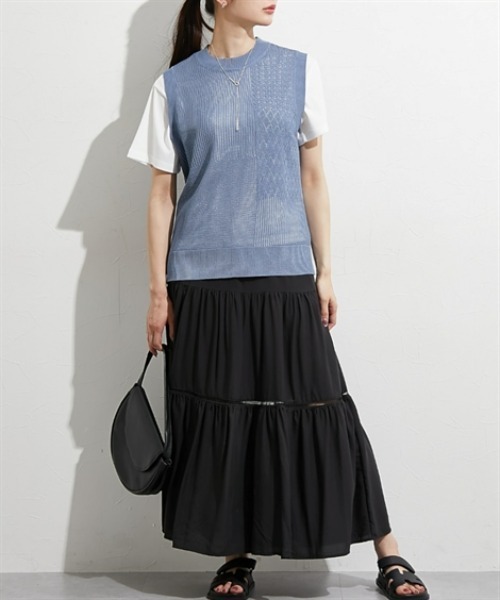 nissen（ニッセン）の「２点セット（透かし編みベスト＋半袖Ｔシャツ）（アンサンブル・レディース・サックスブルー/ブラック/ベージュ・M/L/LL）」の11枚目の写真