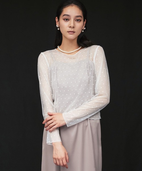 LOWO（ロワ）の「シースルートップス 長袖 ドット チュール レース メロウ メロー シアートップス レイヤードトップス 結婚式 パーティー オケージョン お呼ばれ（シャツ/ブラウス・レディース・ブラック/ホワイト・FREE）」の4枚目の写真