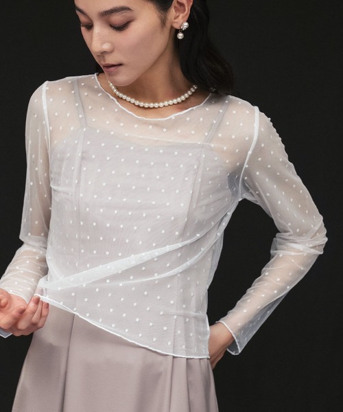 LOWO（ロワ）の「シースルートップス 長袖 ドット チュール レース メロウ メロー シアートップス レイヤードトップス 結婚式 パーティー オケージョン お呼ばれ（シャツ/ブラウス・レディース・ブラック/ホワイト・FREE）」の5枚目の写真
