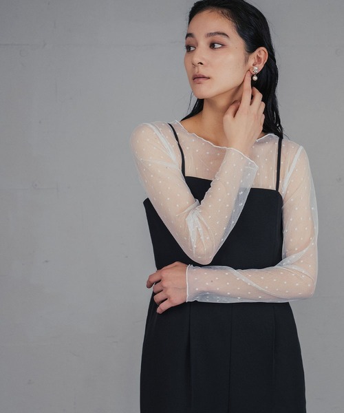 LOWO（ロワ）の「シースルートップス 長袖 ドット チュール レース メロウ メロー シアートップス レイヤードトップス 結婚式 パーティー オケージョン お呼ばれ（シャツ/ブラウス・レディース・ブラック/ホワイト・FREE）」の12枚目の写真