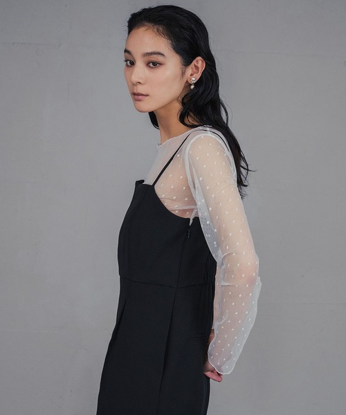LOWO（ロワ）の「シースルートップス 長袖 ドット チュール レース メロウ メロー シアートップス レイヤードトップス 結婚式 パーティー オケージョン お呼ばれ（シャツ/ブラウス・レディース・ブラック/ホワイト・FREE）」の14枚目の写真