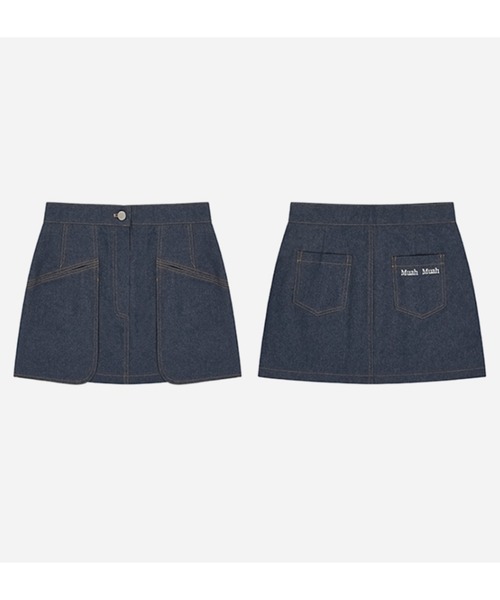 さらに100円引き◆MUAHMUAH◆STITCH LOGO DENIM POCKET SKIRT さらに100円引き◇MUAHMUAH◇STITCH LOGO DENIM POCKET SKIRT