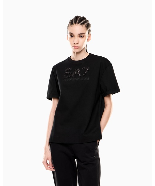 EMPORIO ARMANI EA7(エンポリオアルマーニイーエーセブン)の「【エンポリオ アルマーニ EA7】Logo Series クルーネックTシャツ コットンジャージー スパンコール(Tシャツ/カットソー・レディース・ホワイト/ブラック・LARGE/MEDIUM/SMALL/X-SMALL)」の2枚目の写真