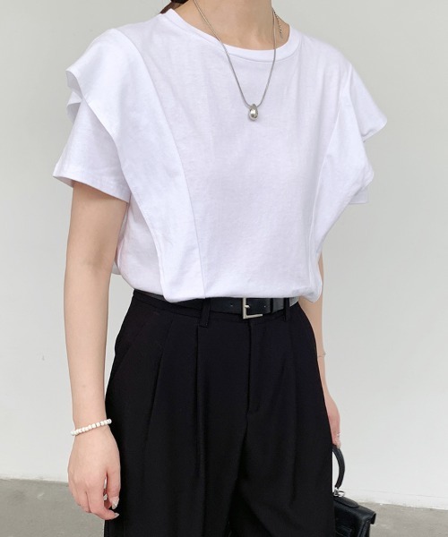 ReRe(リリ)の「フレンチスリーブフリルカットソー(Tシャツ/カットソー・レディース・ブラック/ホワイト・FREE)」の4枚目の写真