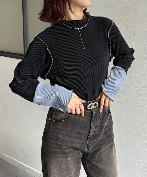 Thevon(ゼボン)の「袖先配色プリーツメロープルオーバー(Tシャツ/カットソー・レディース・ベージュ/ブラック/ホワイト系その他/ベージュ系その他/ブラック系その他/アイボリー・FREE)」の1枚目の写真