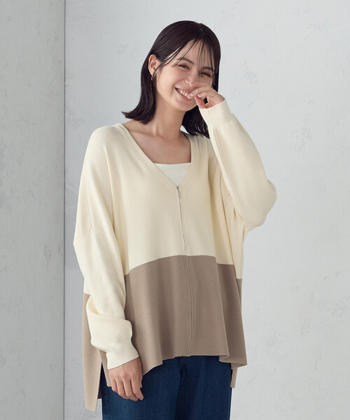 COMME CA ISM（コムサイズム）の「バイカラー ポンチョカーディガン（カーディガン/ボレロ・レディース・ブラック/ブラウン/アイボリー・FREE）」の6枚目の写真