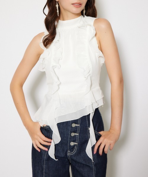 【未使用】HIAND ぺブラムフリルシャツ ボウタイフリルペプラムブラウス 夏服 秋服 春服 ノースリーブ