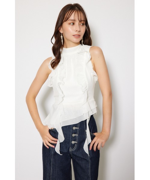 【未使用】HIAND ぺブラムフリルシャツ セール】ボウタイフリルペプラムブラウス 夏服 秋服 春服 ノースリーブ