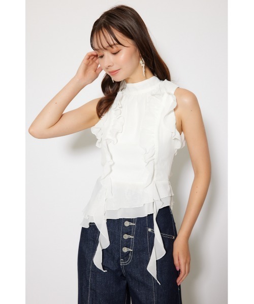 rienda（リエンダ）の「ボウタイフリルペプラムブラウス 夏服 秋服 春服 ノースリーブ（シャツ/ブラウス・レディース・ホワイト/ブルー/ブラック・SMALL/MEDIUM）」の5枚目の写真