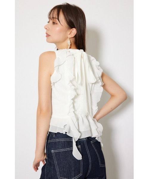 rienda（リエンダ）の「ボウタイフリルペプラムブラウス 夏服 秋服 春服 ノースリーブ（シャツ/ブラウス・レディース・ホワイト/ブルー/ブラック・SMALL/MEDIUM）」の6枚目の写真