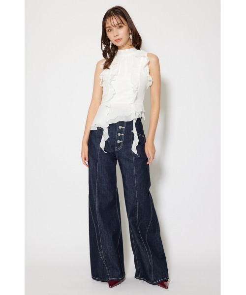 rienda（リエンダ）の「ボウタイフリルペプラムブラウス 夏服 秋服 春服 ノースリーブ（シャツ/ブラウス・レディース・ホワイト/ブルー/ブラック・SMALL/MEDIUM）」の9枚目の写真