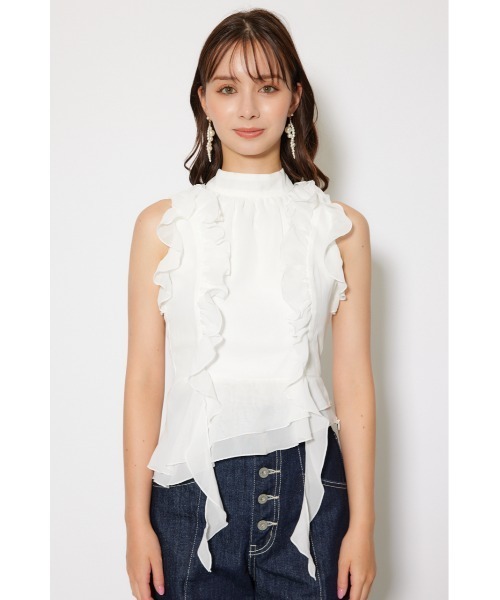 rienda（リエンダ）の「ボウタイフリルペプラムブラウス 夏服 秋服 春服 ノースリーブ（シャツ/ブラウス・レディース・ホワイト/ブルー/ブラック・SMALL/MEDIUM）」の10枚目の写真