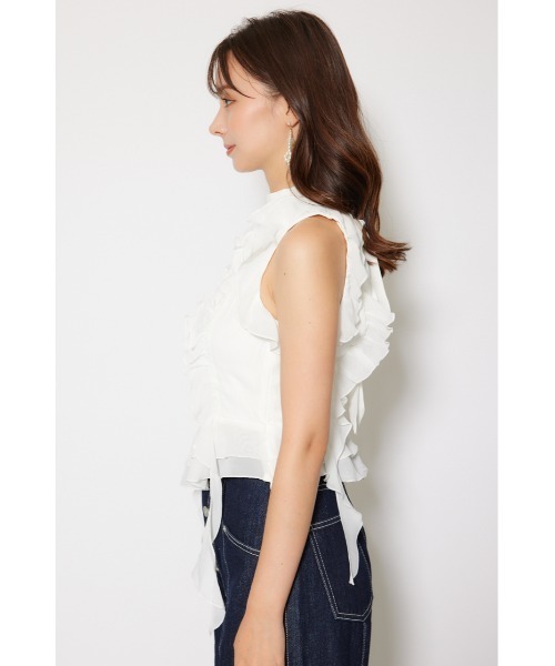rienda（リエンダ）の「ボウタイフリルペプラムブラウス 夏服 秋服 春服 ノースリーブ（シャツ/ブラウス・レディース・ホワイト/ブルー/ブラック・SMALL/MEDIUM）」の11枚目の写真