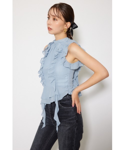 セール】ボウタイフリルペプラムブラウス 夏服 秋服 春服 ノースリーブ