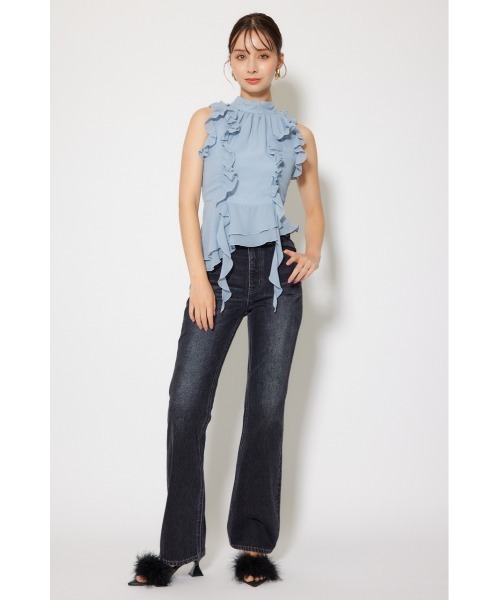 ボウタイフリルペプラムブラウス 夏服 秋服 春服 ノースリーブ（シャツ