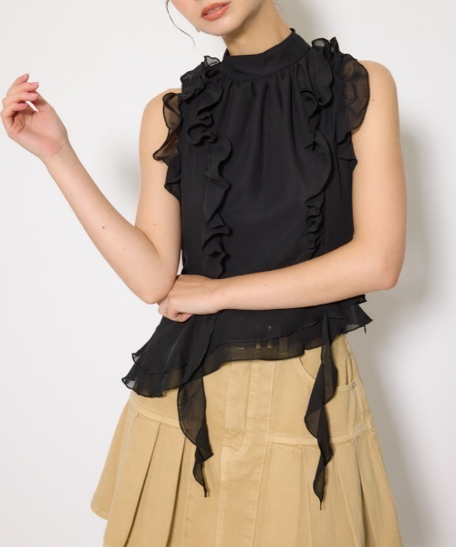 セール】ボウタイフリルペプラムブラウス 夏服 秋服 春服 ノースリーブ