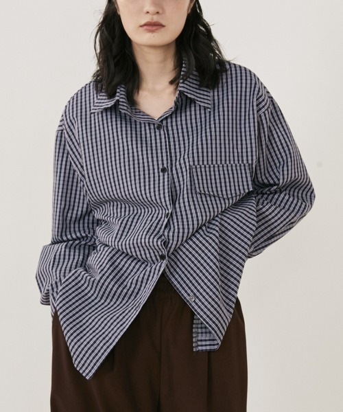 美品 45rpm ギンガムチェック コットン 長袖シャツ ブルー オーバーサイズ 希少デザイン 45rpm プルオーバー ギンガムチェックシャツ 長袖