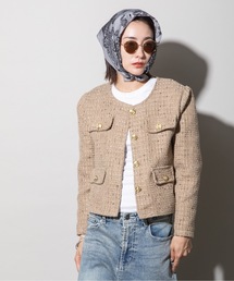 セール】CHECK EMBROIDERY NO COLLAR JACKET（ノーカラー