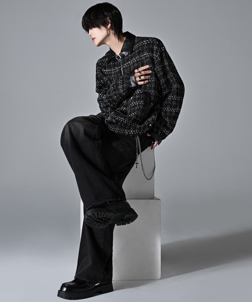 Many buckle belt tweed blouson/メニーバックルベルトツイード