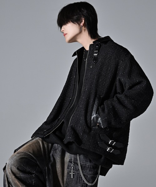 メニーバックルベルトツイードブルゾン Many buckle belt tweed blouson/メニーバックルベルトツイード