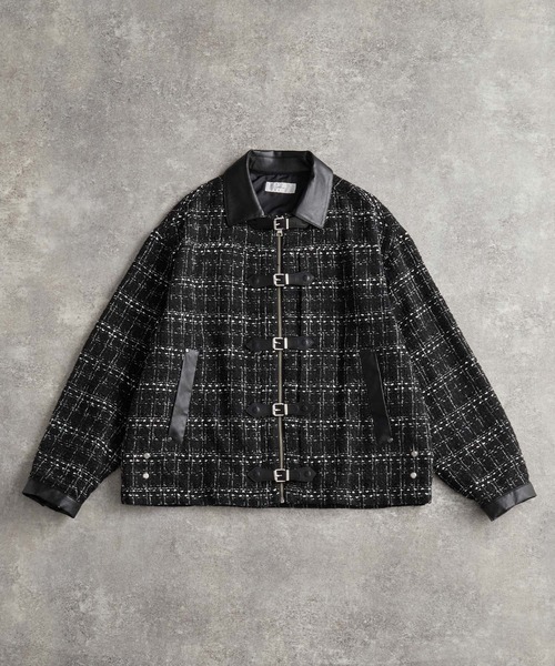 Many buckle belt tweed blouson/メニーバックルベルトツイード