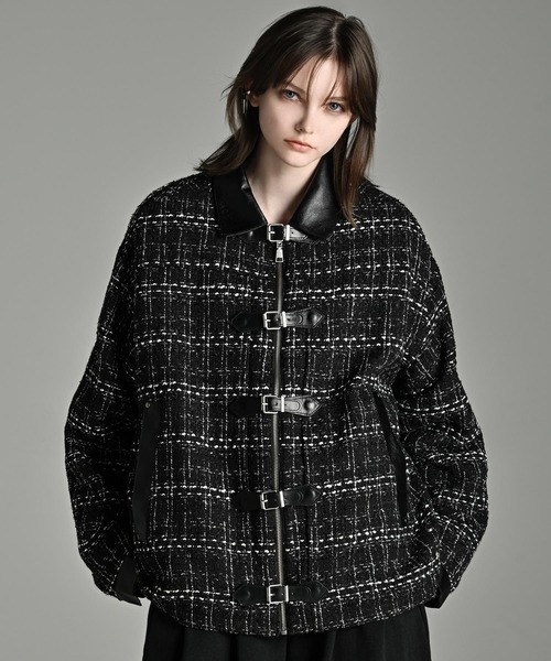Many buckle belt tweed blouson/メニーバックルベルトツイード