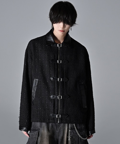 Many buckle belt tweed blouson/メニーバックルベルトツイード