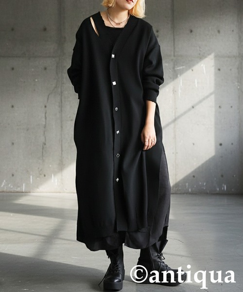 antiqua(アンティカ)の「異素材切替ロングカーディガン(ニット/セーター・レディース・ブラック・ONESIZE)」の1枚目の写真