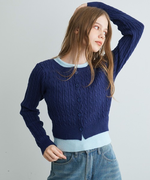 Mirette(ミレット)の「バイカラーニットカーディガン / Bi-Color Knit Cardigan(カーディガン/ボレロ・レディース・ネイビー/ブラック/グレー・FREE)」の5枚目の写真