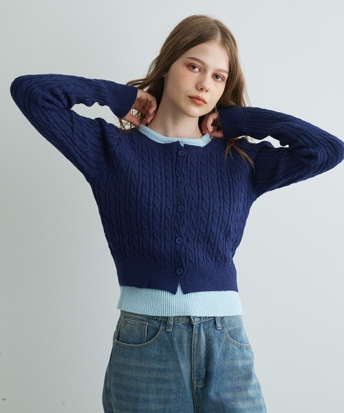 Mirette(ミレット)の「バイカラーニットカーディガン / Bi-Color Knit Cardigan(カーディガン/ボレロ・レディース・ネイビー/ブラック/グレー・FREE)」の6枚目の写真