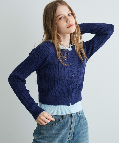 Mirette(ミレット)の「バイカラーニットカーディガン / Bi-Color Knit Cardigan(カーディガン/ボレロ・レディース・ネイビー/ブラック/グレー・FREE)」の7枚目の写真