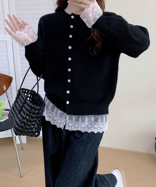 SPIGA（スピーガ）の「裾ﾚｰｽﾆｯﾄｶｰﾃﾞｨｶﾞﾝ（カーディガン/ボレロ・レディース・ブルー/グレー/ブラック/レッド/ピンク/ホワイト/イエロー・FREE）」の2枚目の写真