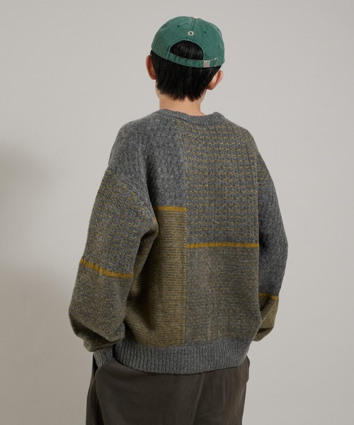 ペレグリン　英国製　ケーブルニット　エルボーパッチ　くるみボタン　M セール】パッチワークテクスチャーくるみボタンヘンリーニット（ニット